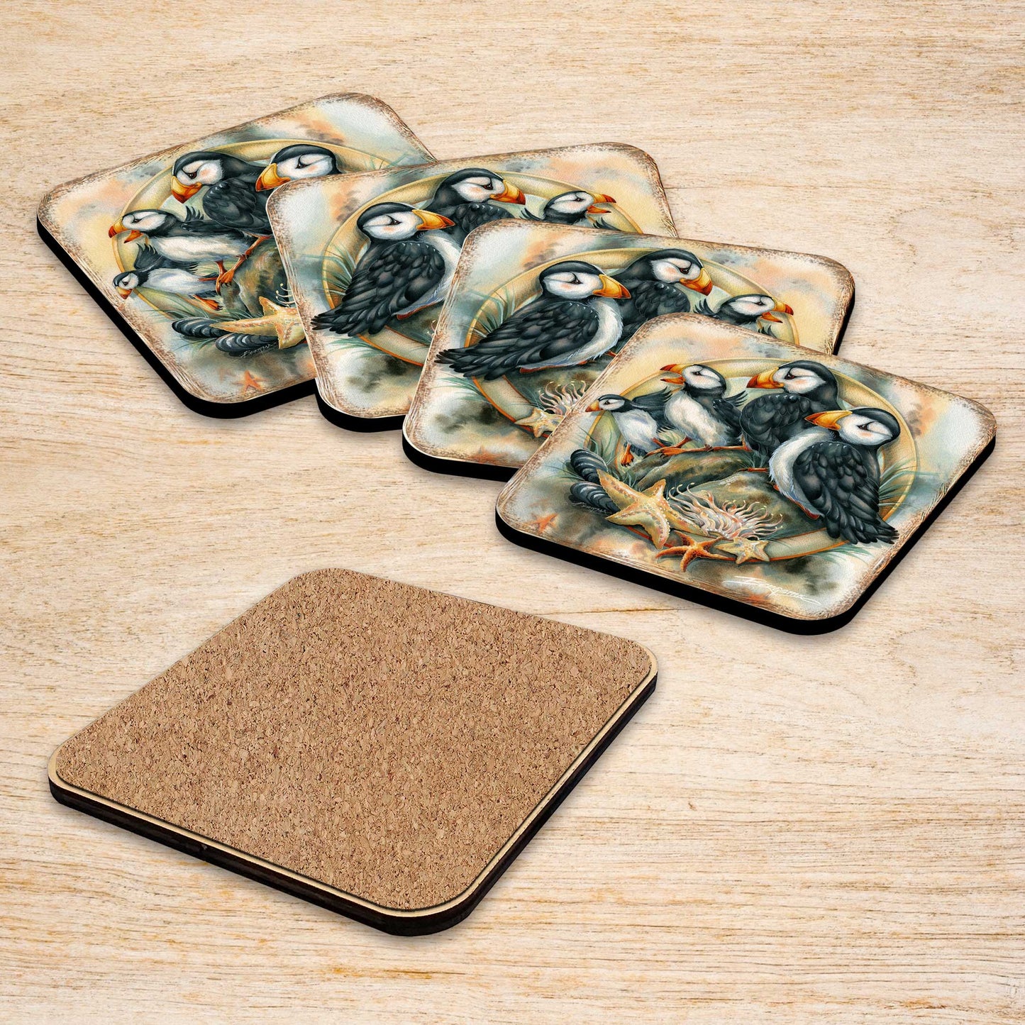 Puffins Wooden Cork Coasters Gift Set of 4 by J. Bergsma - Coastal Wildlife Decor  - 8199462C-S4