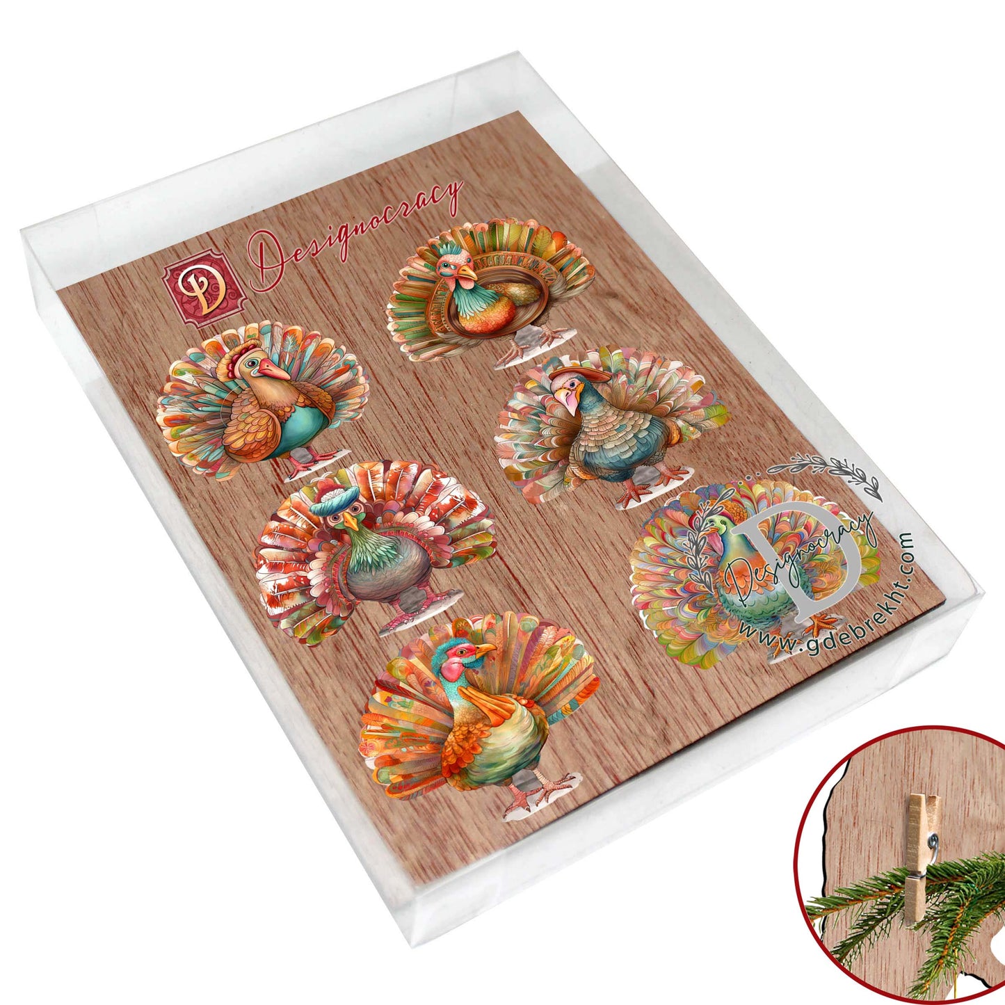 Turkey Decorative Wooden Clip-on Ornaments Set of 6 by G. Debrekht - Thanksgiving Decor - 8090027C-S6