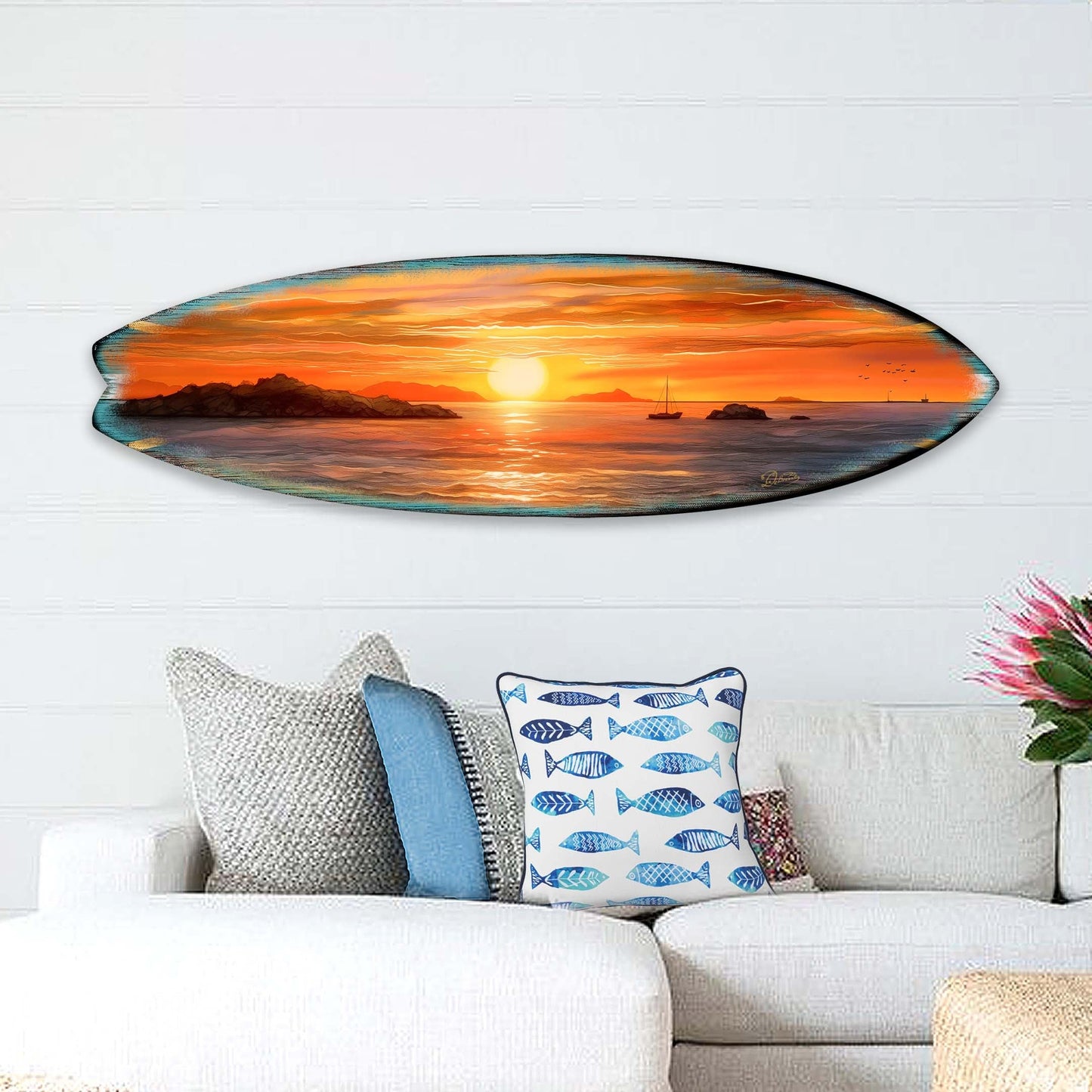 Sunset Symphony Surfboard Coastal Wall Art by G. DeBrekht - Coastal Holiday Decor - 8490133HS