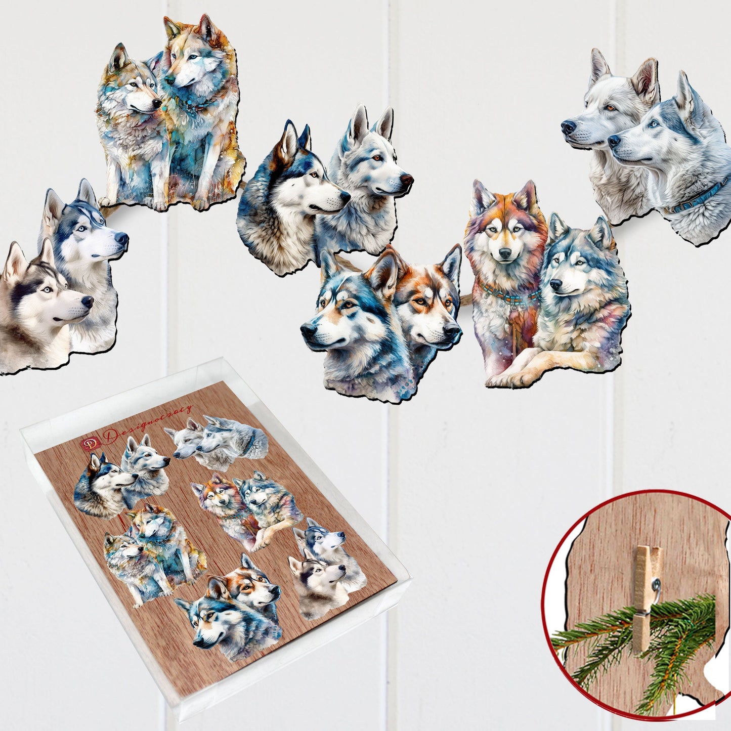 The Graceful Huskies Decorative Wooden Clip-on Ornaments Set of 6 by G. Debrekht - Wildlife Décor - 8090115C-S6