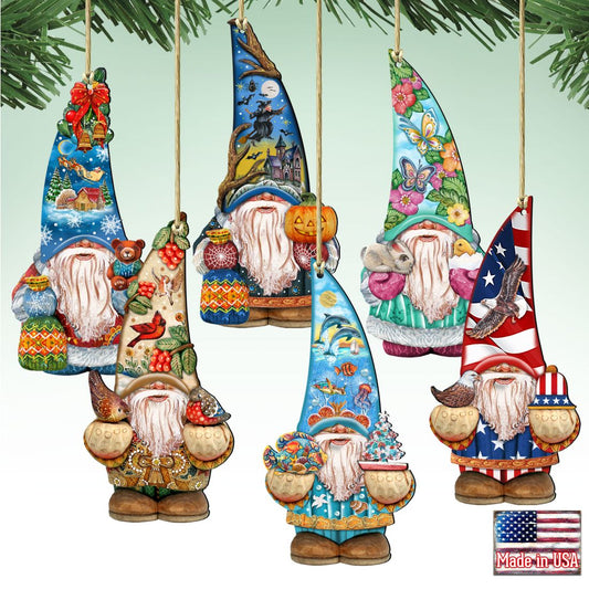 Gnome Friends Wooden Ornaments Set of 6 by G. DeBrekht - Christmas Santa Snowman Decor - 8611010-S6