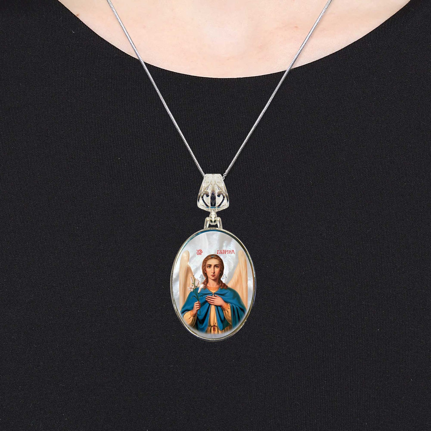 Saint Gabriel the Archangel Silver Plated Mother of Pearl Necklace - 43040