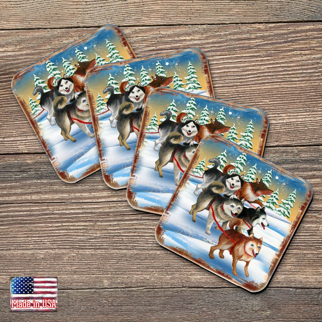 Huskies Wooden Cork Coasters Gift Set of 4 by Nature Wonders - Nature Wildlife Decor  - 95378C-S4