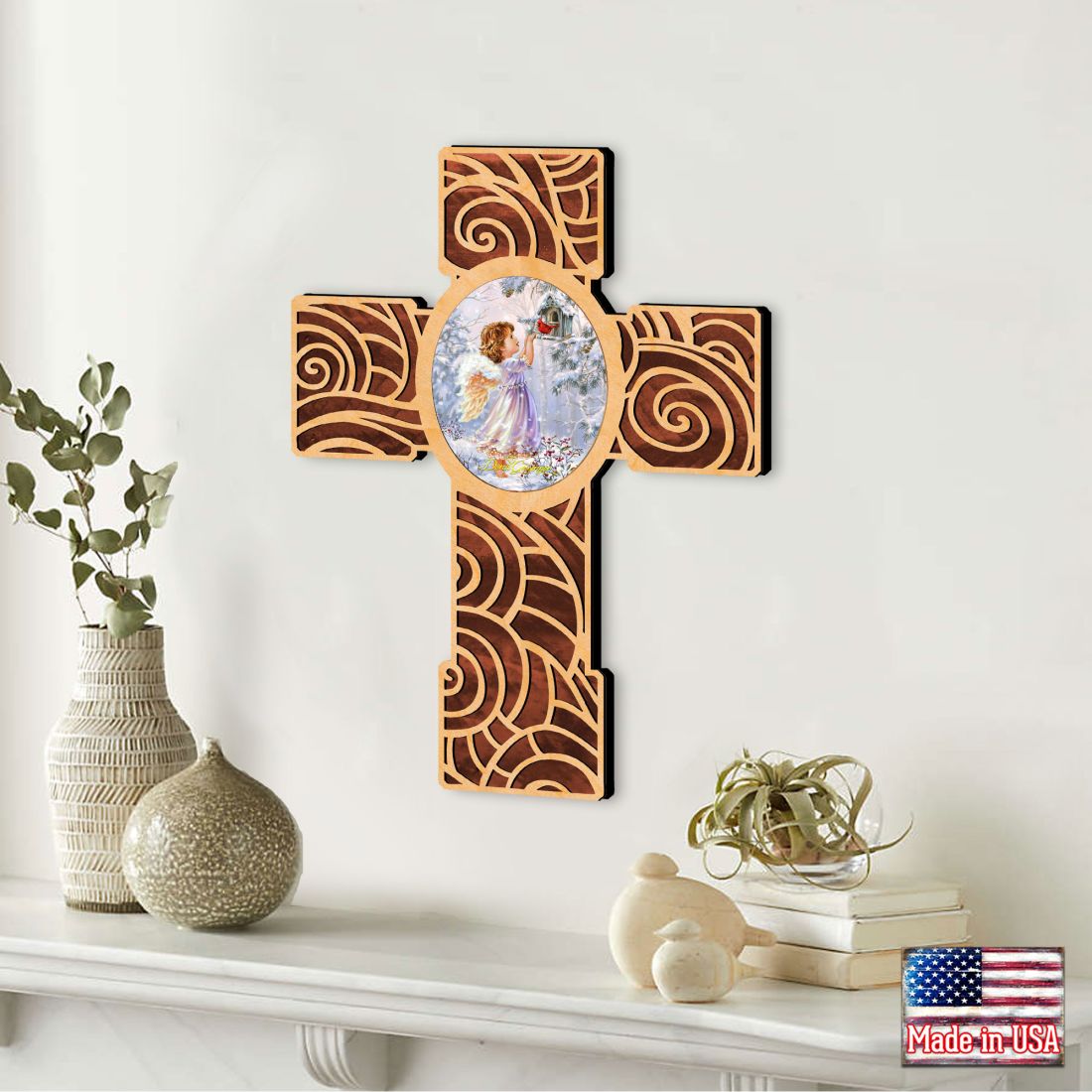 Red Robin Girl Angel Modern Wooden Cross by D. Gelsinger - Inspirational Icon Decor - 88285-DG