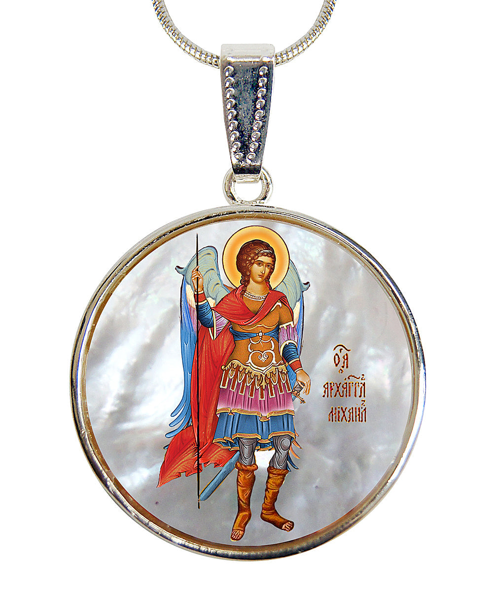 Saint Michael the Archangel Silver Plated Mother of Pearl Necklace - 43022