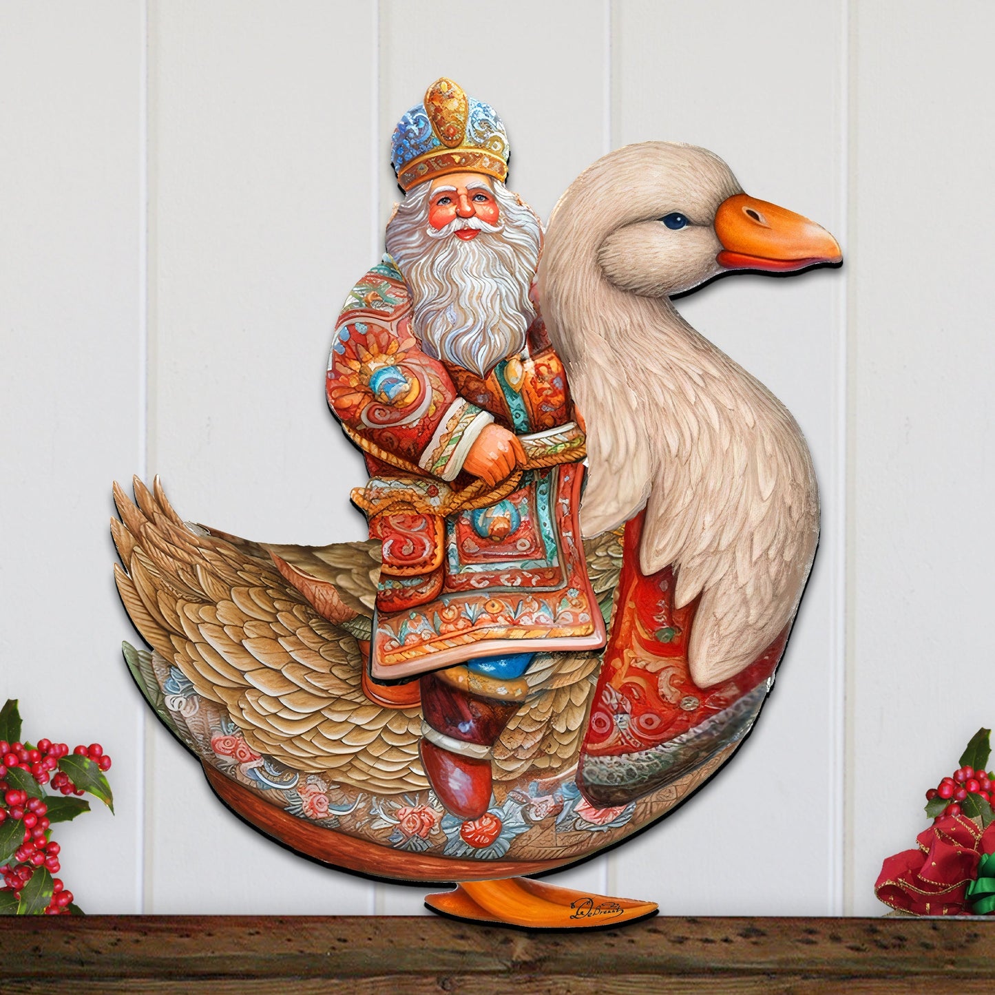 Charming Santa Riding Goose Holiday Door Decor by G. Debrekht - Christmas Santa Snowman Decor - 8611063H
