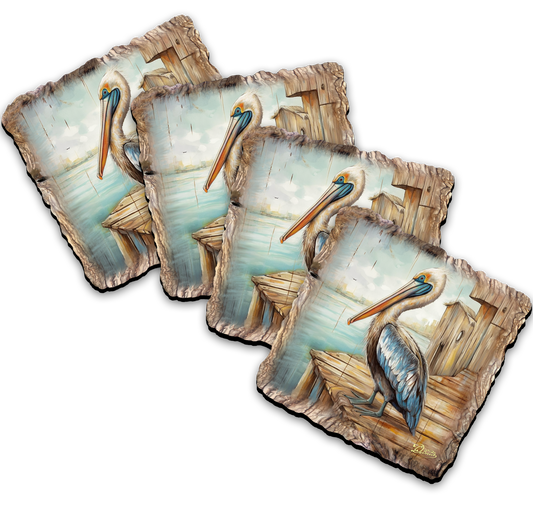 Pelican Wooden Cork Coasters Gift Set of 4 by Nature Wonders Coastal Nature Wildlife Decor  - 95388C-S4
