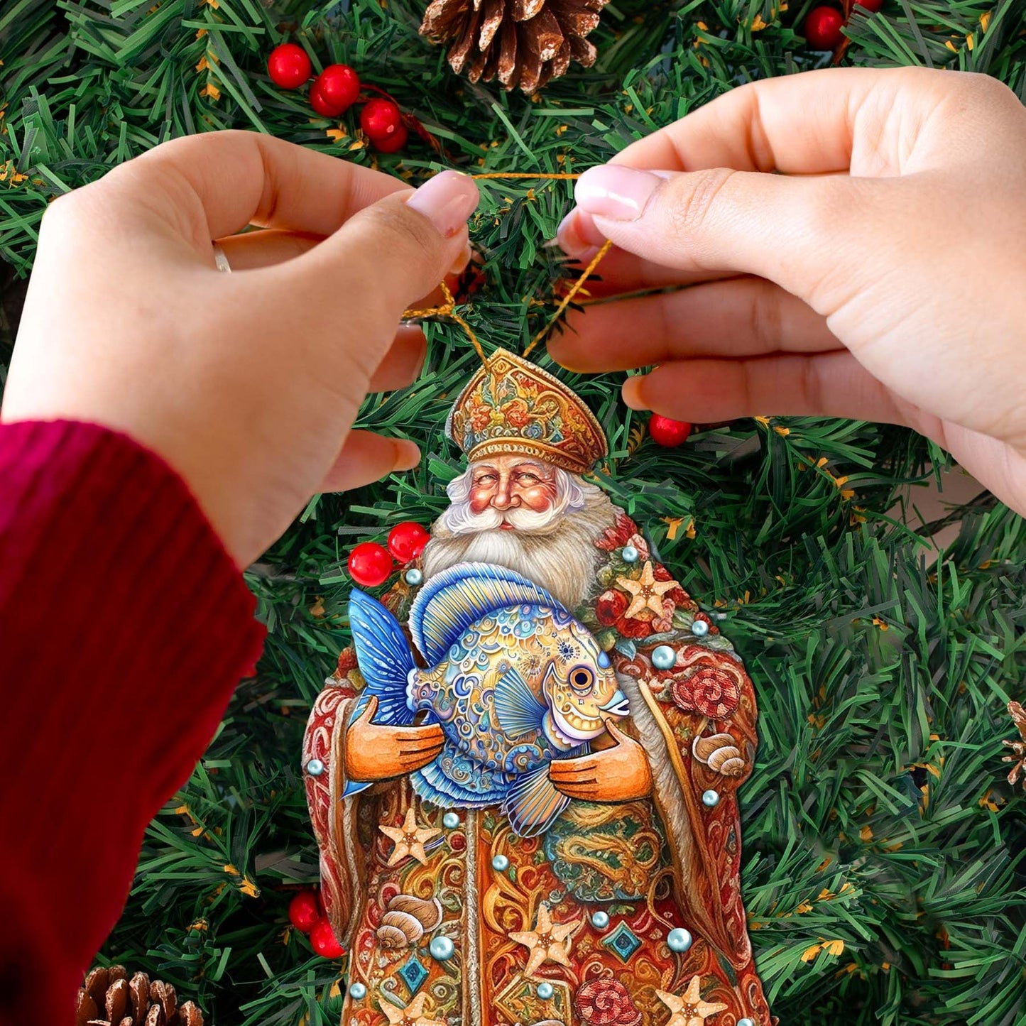 Santa with Fish Wooden Ornaments by G. Debrekht - Christmas Santa Snowman Decor - 8691411