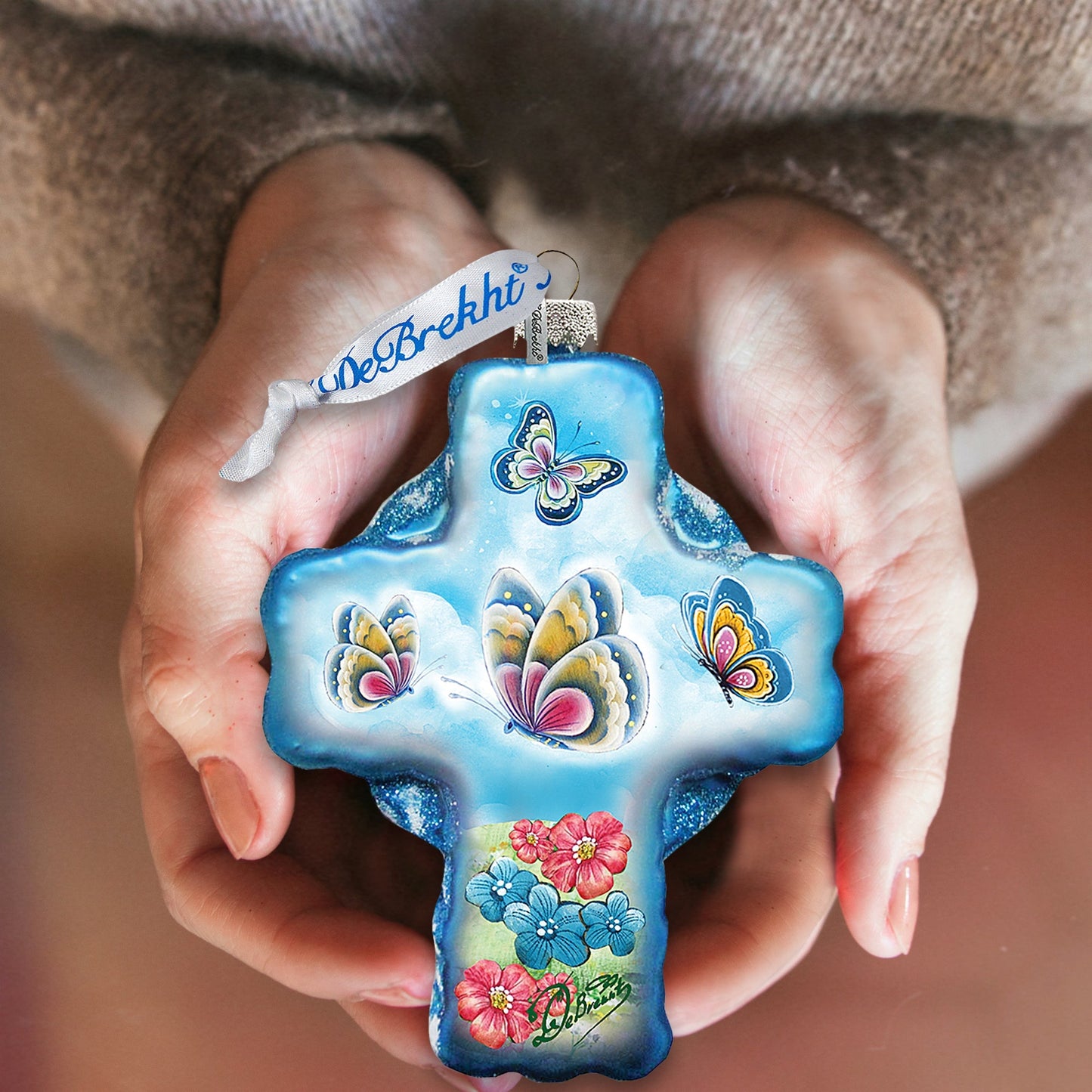 Blue Butterflies Cross Glass Ornament by G. DeBrekht - Nativity Holiday Decor - 758-003
