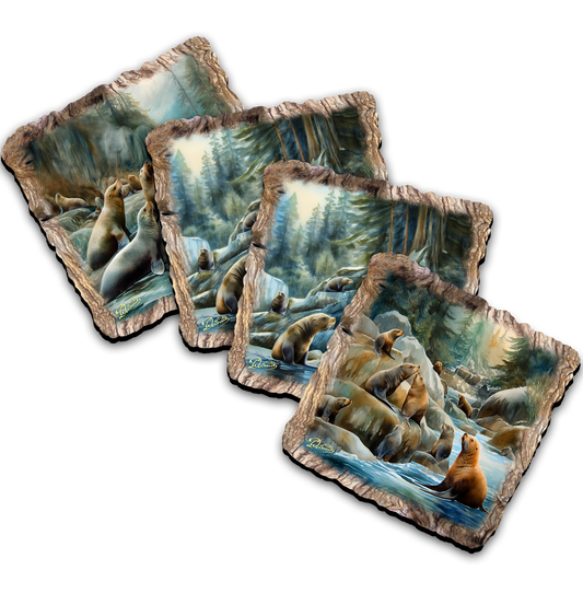 Charming Sea Lions Wooden Cork Coasters Gift Set of 4 by Nature Wonders Coastal Wildlife Decor  - 95387C-S4