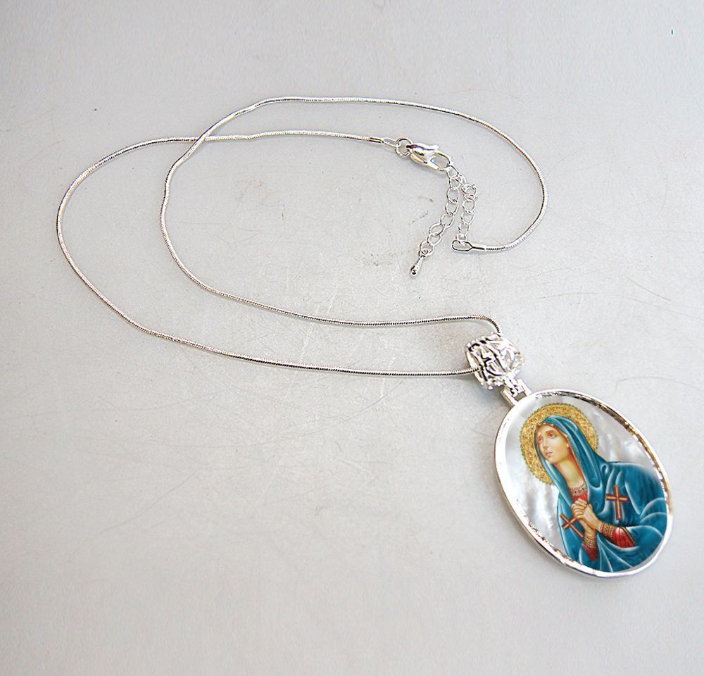 Virgin Mary Praying Silver Plated Mother of Pearl Necklace - 43014