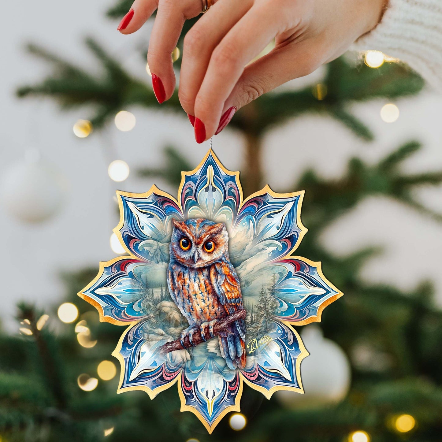 Great Horned Owl Snowflake Wooden Ornaments by G. Debrekht - Nature Wildlife Decor - 8688436