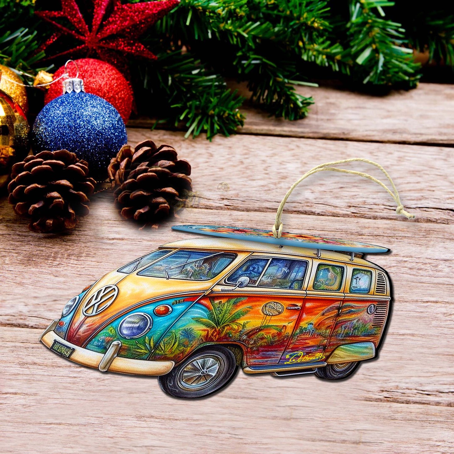 Beach Themed Ornaments - Hippie Van Wooden Ornaments by G.Debrekht Coastal Holiday Decor - 8688203