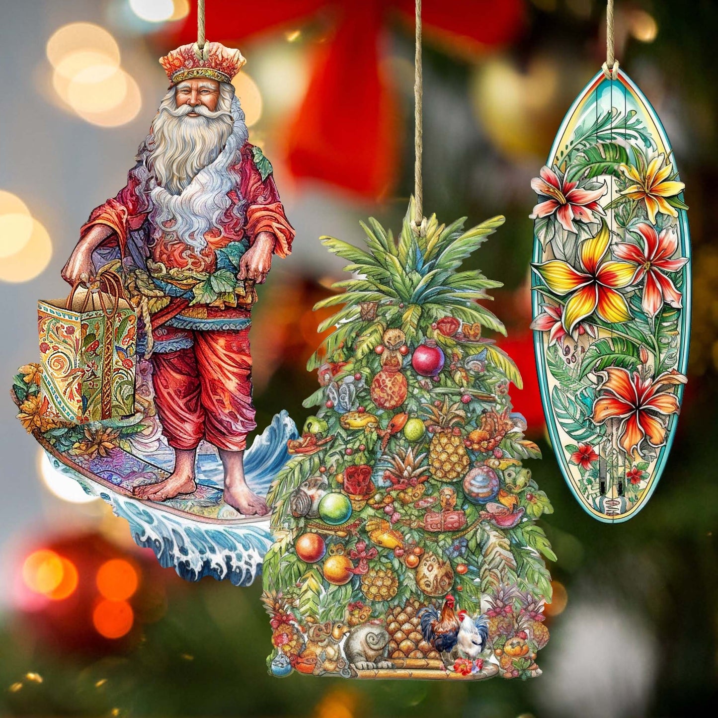 Santas Around the World - Hawaiian Inspired Santa - Wooden Ornaments Set of 3 by G. DeBrekht Christmas Santa Snowman Decor - 8091313S3
