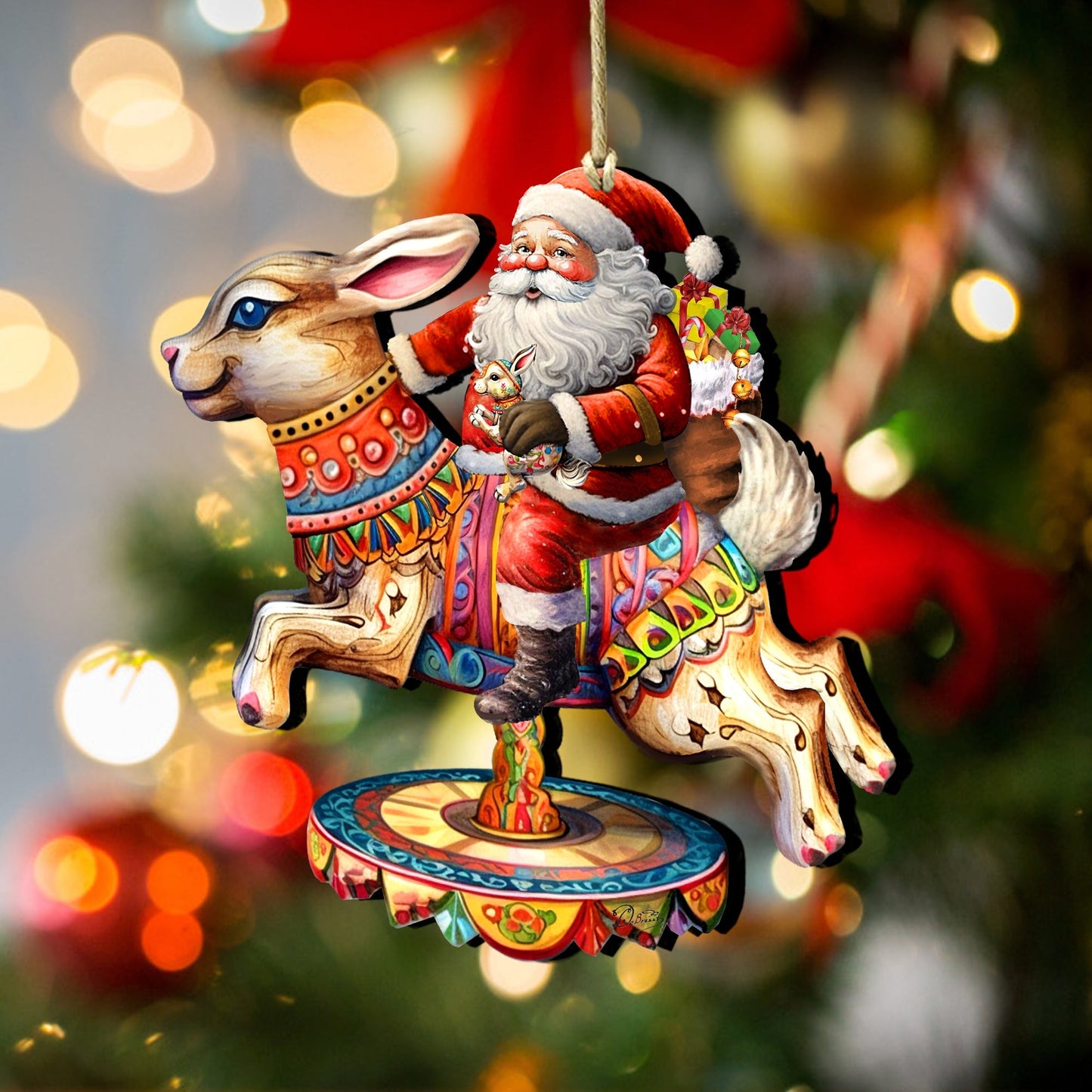 Santa Claus on Bunny Carousel Wooden Ornaments by G. Debrekht Christmas Santa Snowman Decor - 8611067