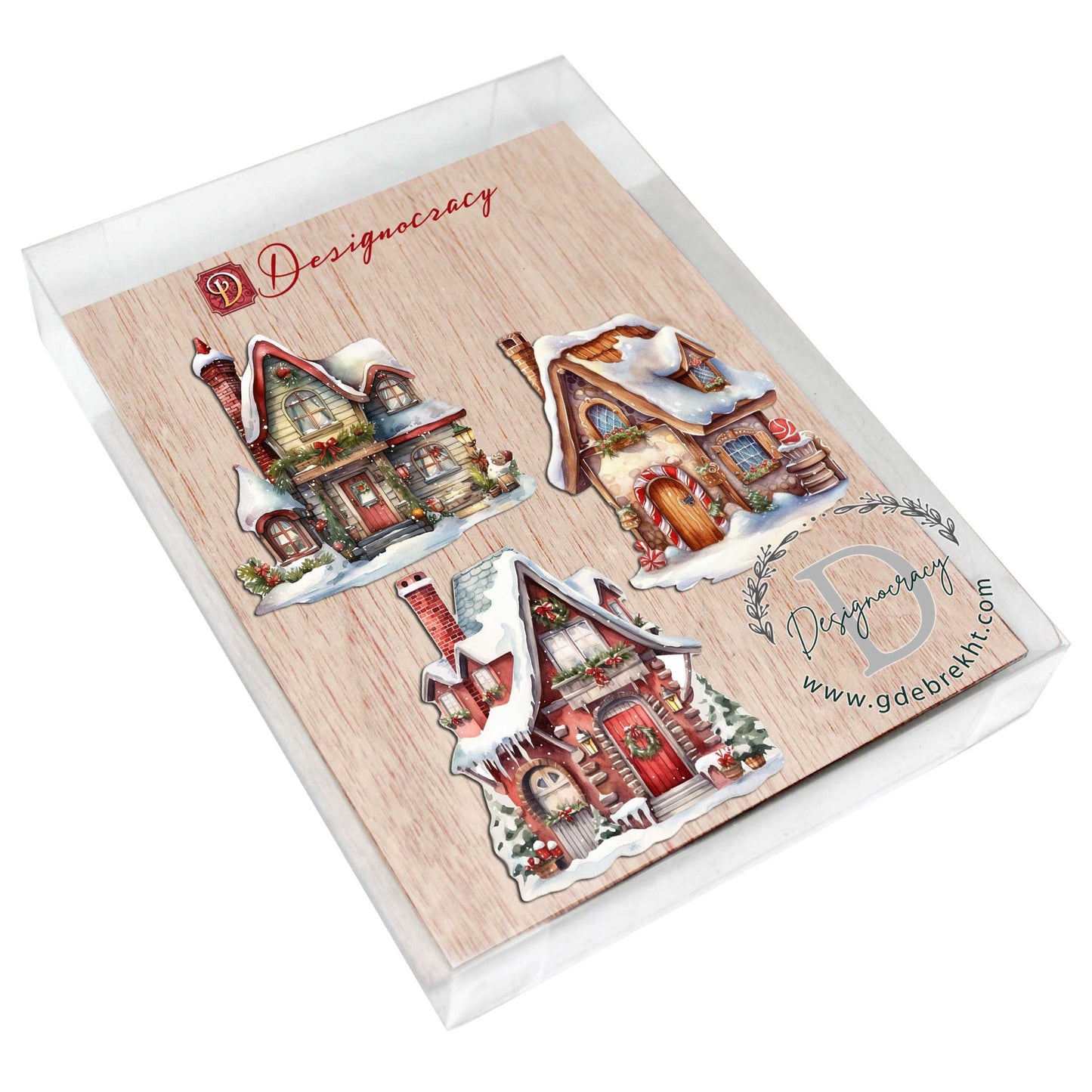 Christmas Houses Decorative Wooden Ornaments Set of 3 by G. Debrekht - Christmas Decor - 8091024-S3