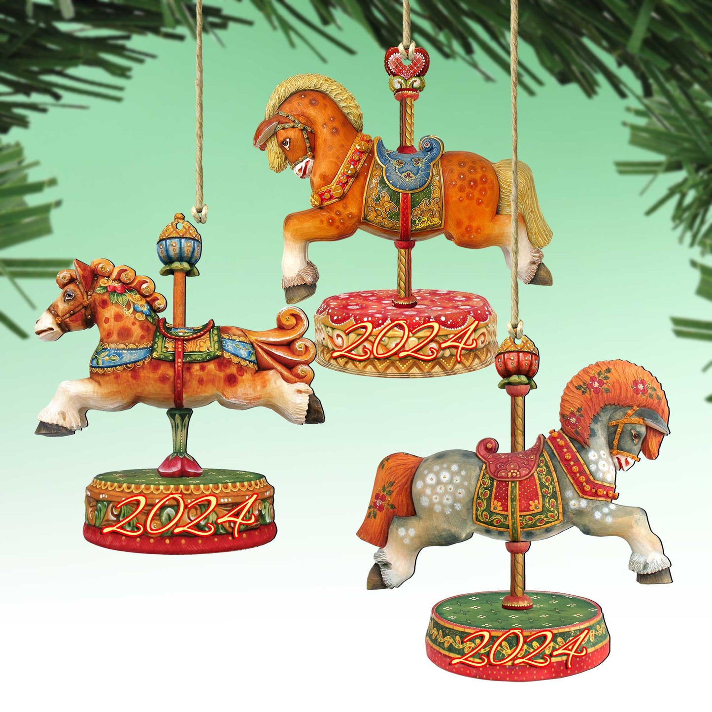 2024 Dated Wooden Carousel Ornaments Set of 3 by G. Debrekht - Christmas Decor - 8100087S3-D24