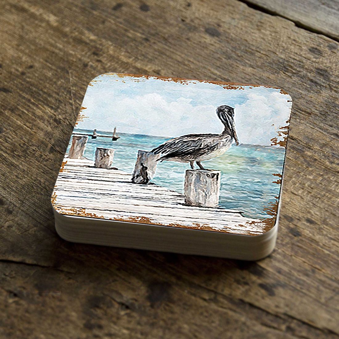 Pelican Coastal Wooden Cork Coasters Gift Set of 4 by Nature Wonders - Coastal Sea-Life Decor - 95252C-S4