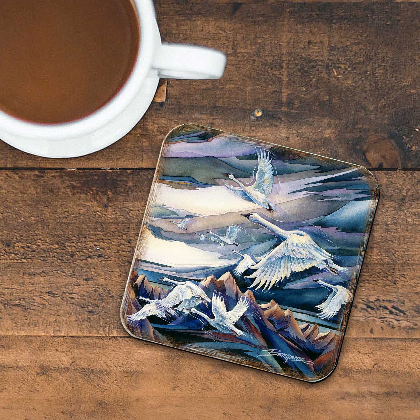 Flying Swans Wooden Cork Coasters Gift Set of 4 by J. Bergsma - Coastal Decor  - 8199457C-S4