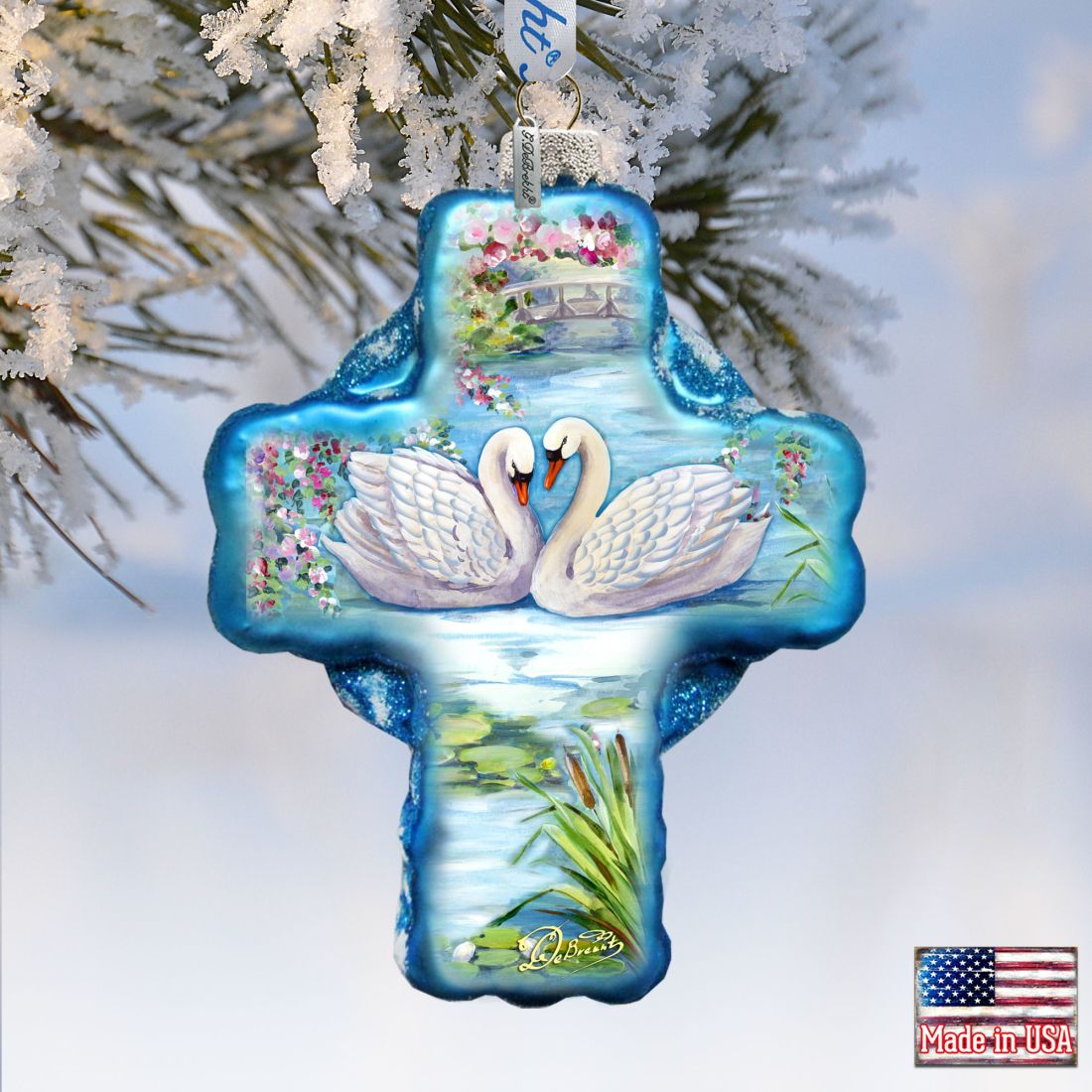 Love of Swans Cross Glass Ornament by G. DeBrekht - Nativity Holiday Decor - 758-012