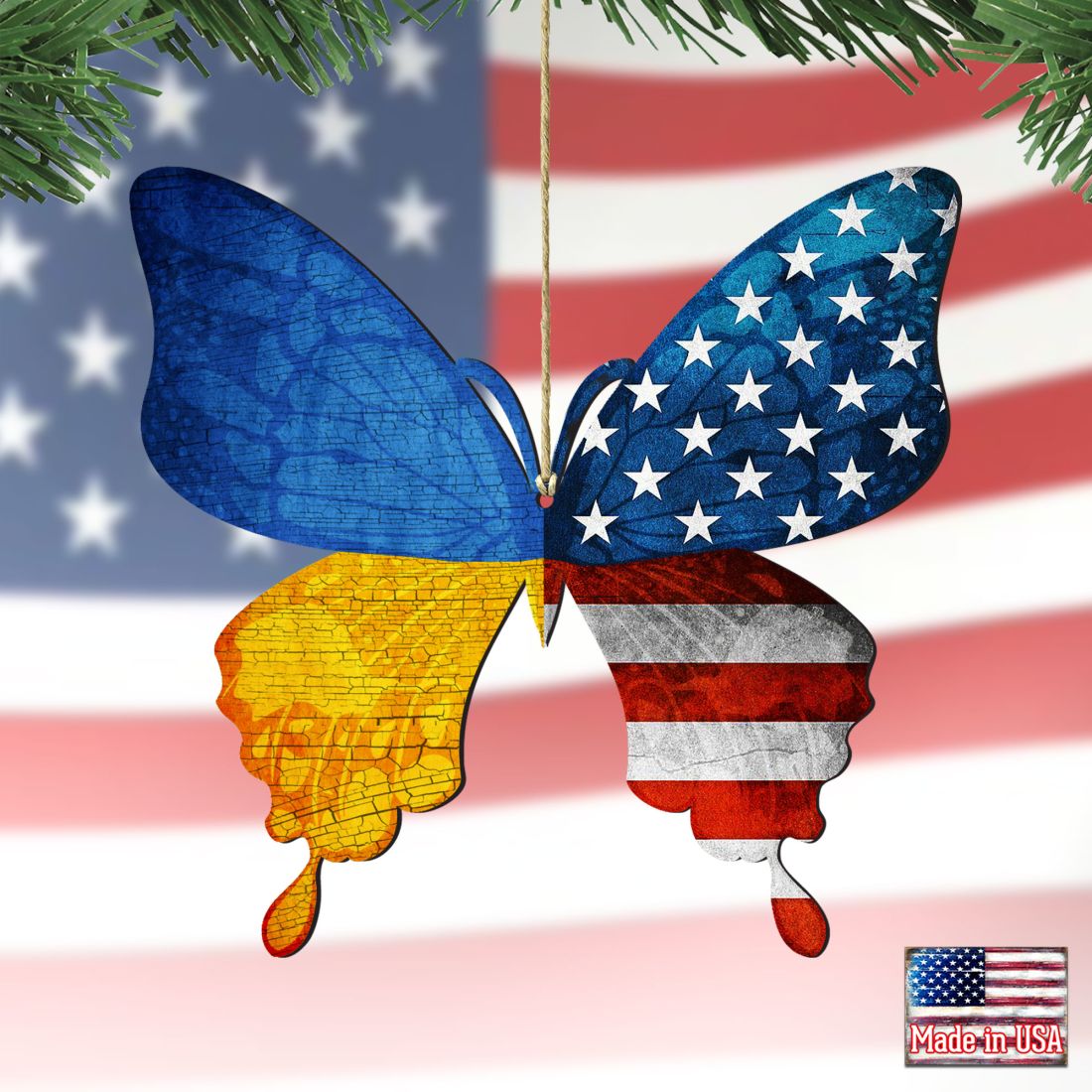 USA/Ukraine Patriotic Butterfly Wooden Ornaments - International Decor - 8187129