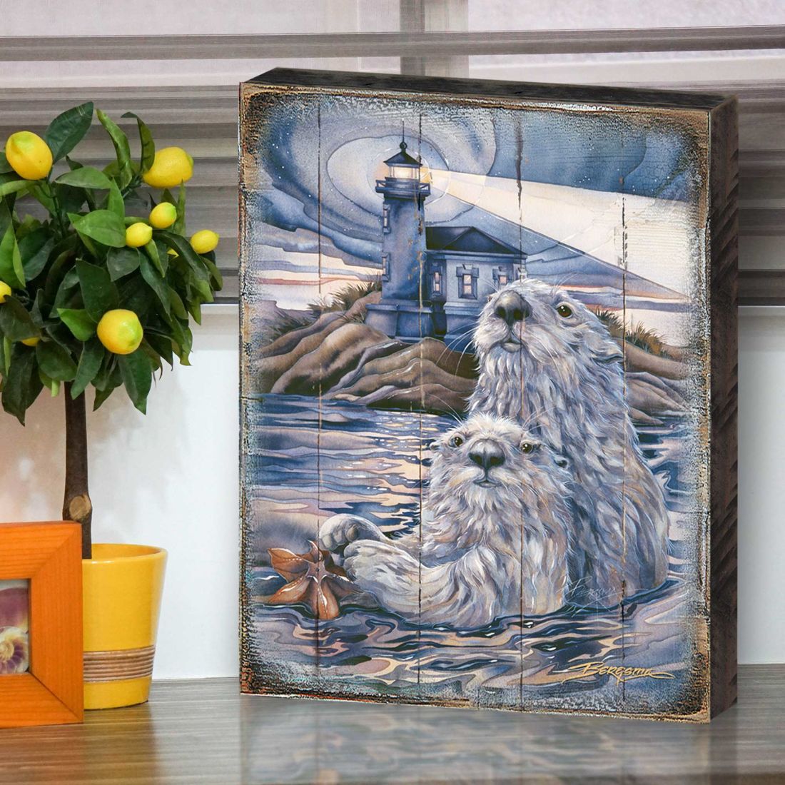 Starlight Otter Lighthouse Wooden Wall Art by J. Bergsma - Nature Wildlife Decor  - 8592572BP-JB