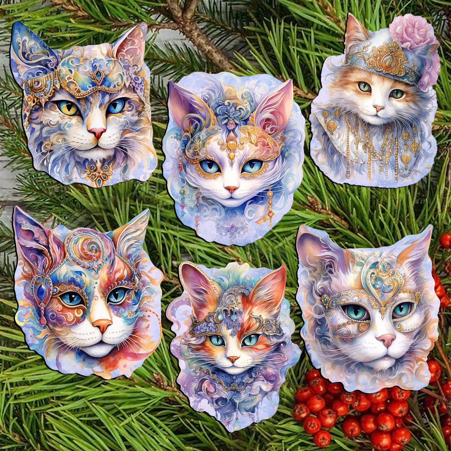 Cats Masks Decorative Wooden Clip-on Ornaments Set of 6 by G. Debrekht - Christmas Decor - 8090033C-S6