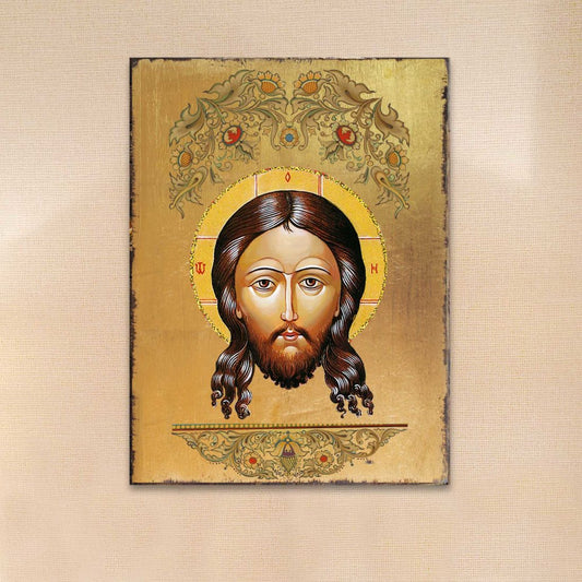The Holy Face Wooden Gold Plated Religious Orthodox Sacred Icon - Inspirational Icon Decor - 85018