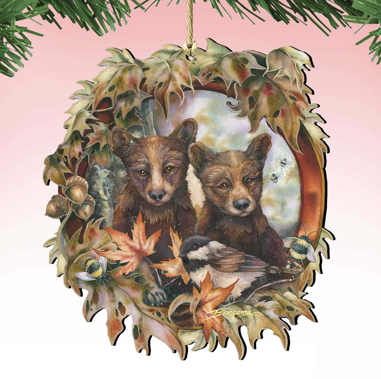 Simple Joys Black Bear Cubs Bees Wooden Ornaments by J. Bergsma - Wildlife Holiday Decor - 8591850-JB