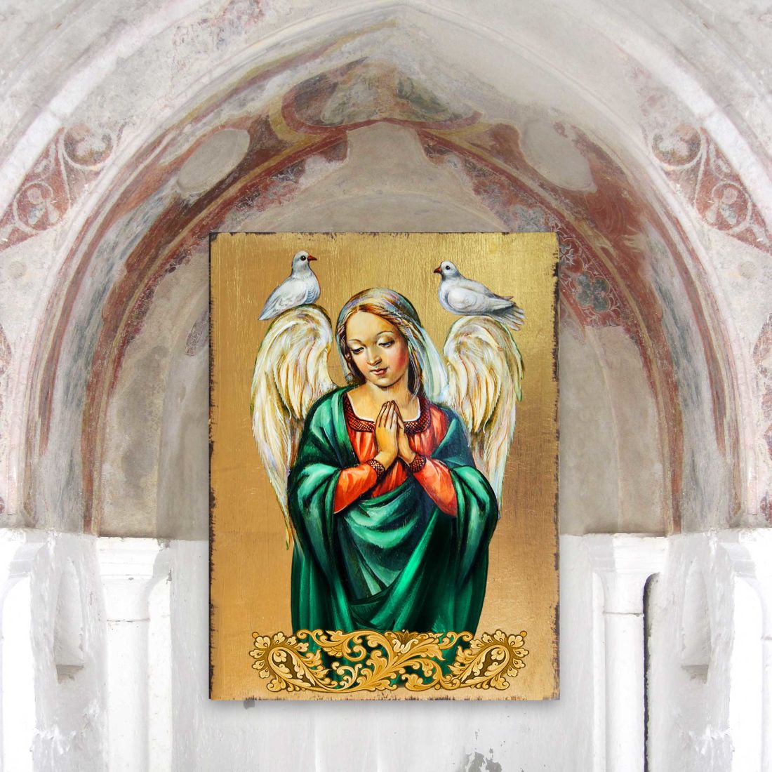 Praying Angel Wooden Gold Plated Religious Christian Sacred Icon - Inspirational Icon Decor - 85026