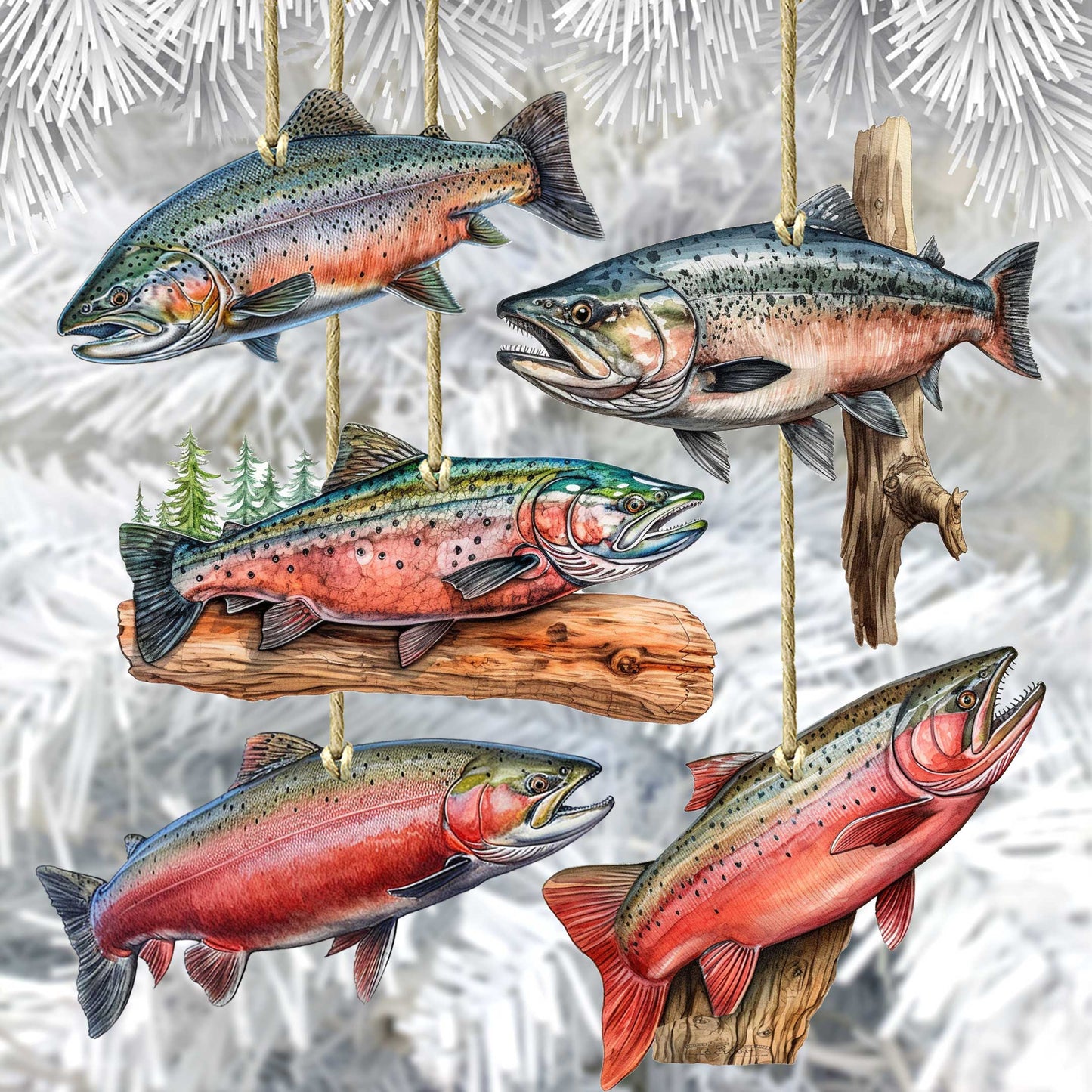 Alaskan Salmon Wooden Ornaments Set of 5 by G. Debrekht - Wildlife Holiday Decor - 8091322S5