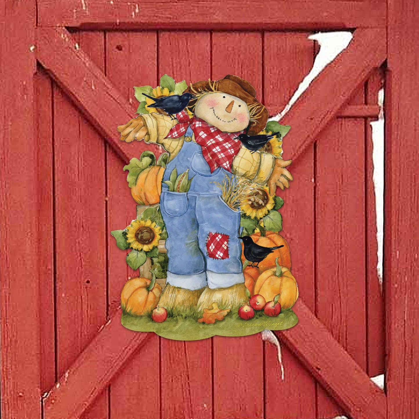 Front Door Fall Decoration Harvest Scarecrow Sign - Cornucopia - Rustic Handmade Gift Autumn Adornment by Susan Winget - 8471211H-SW