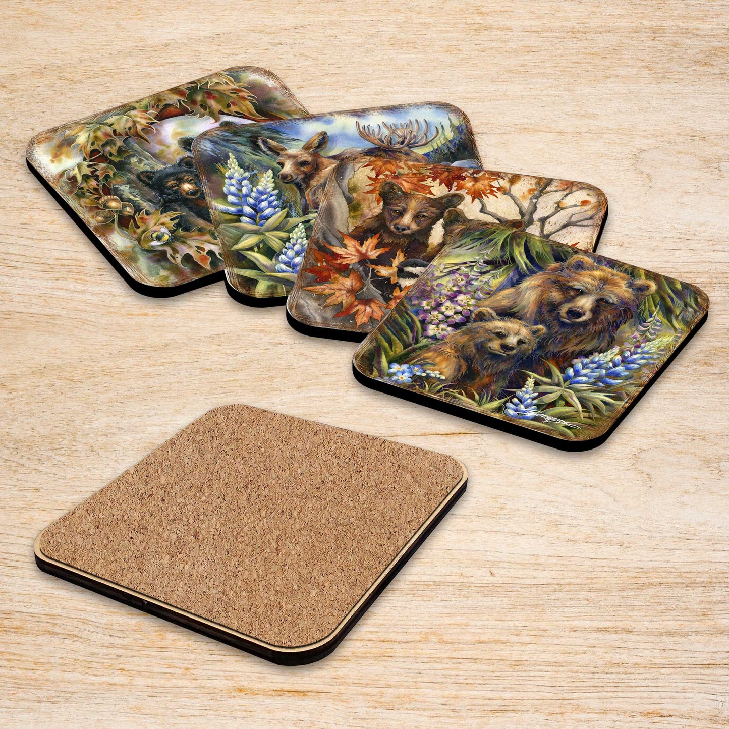 Forest Friends Wooden Cork Coasters Gift Set of 4 by J. Bergsma - Wildlife Decor  - 8199455C-S4
