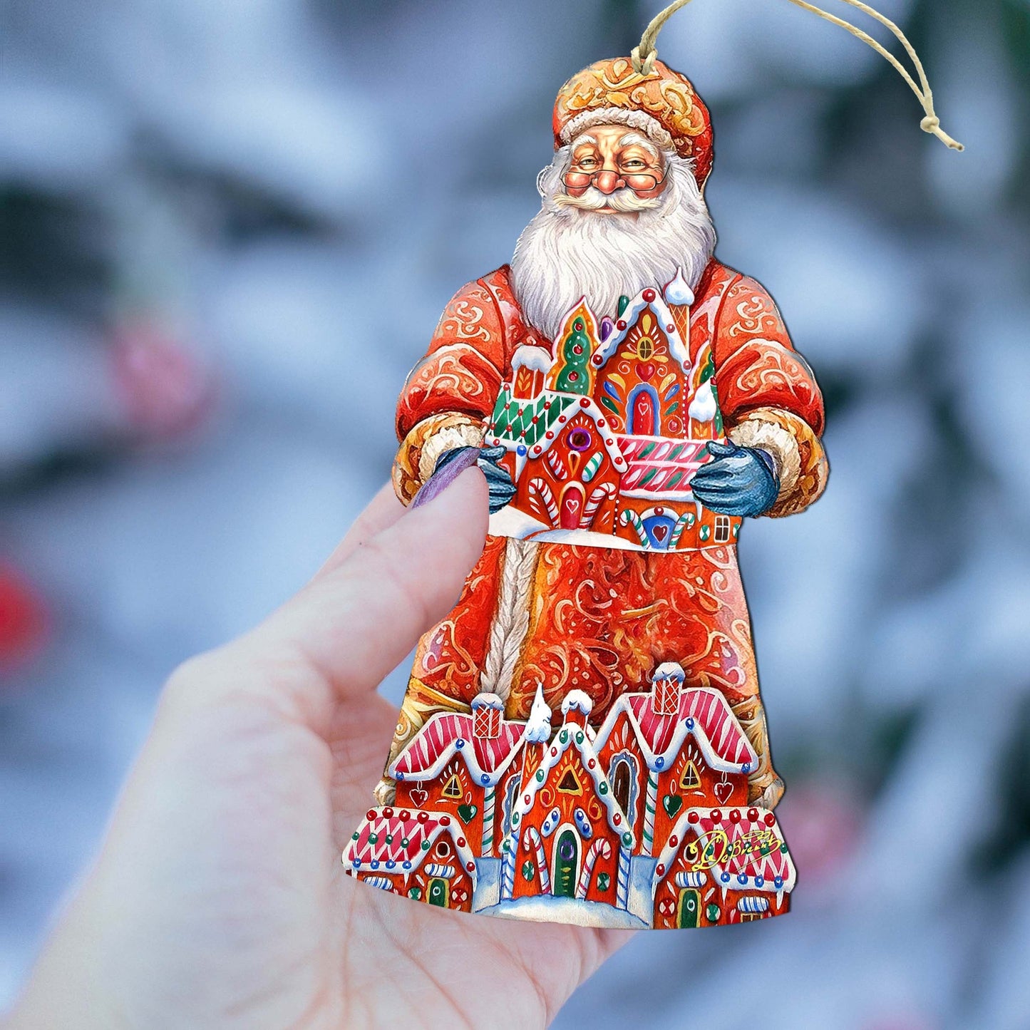 Santa and the Gingerbread House Wooden Ornaments by G. Debrekht - Christmas Santa Snowman Decor - 8691404