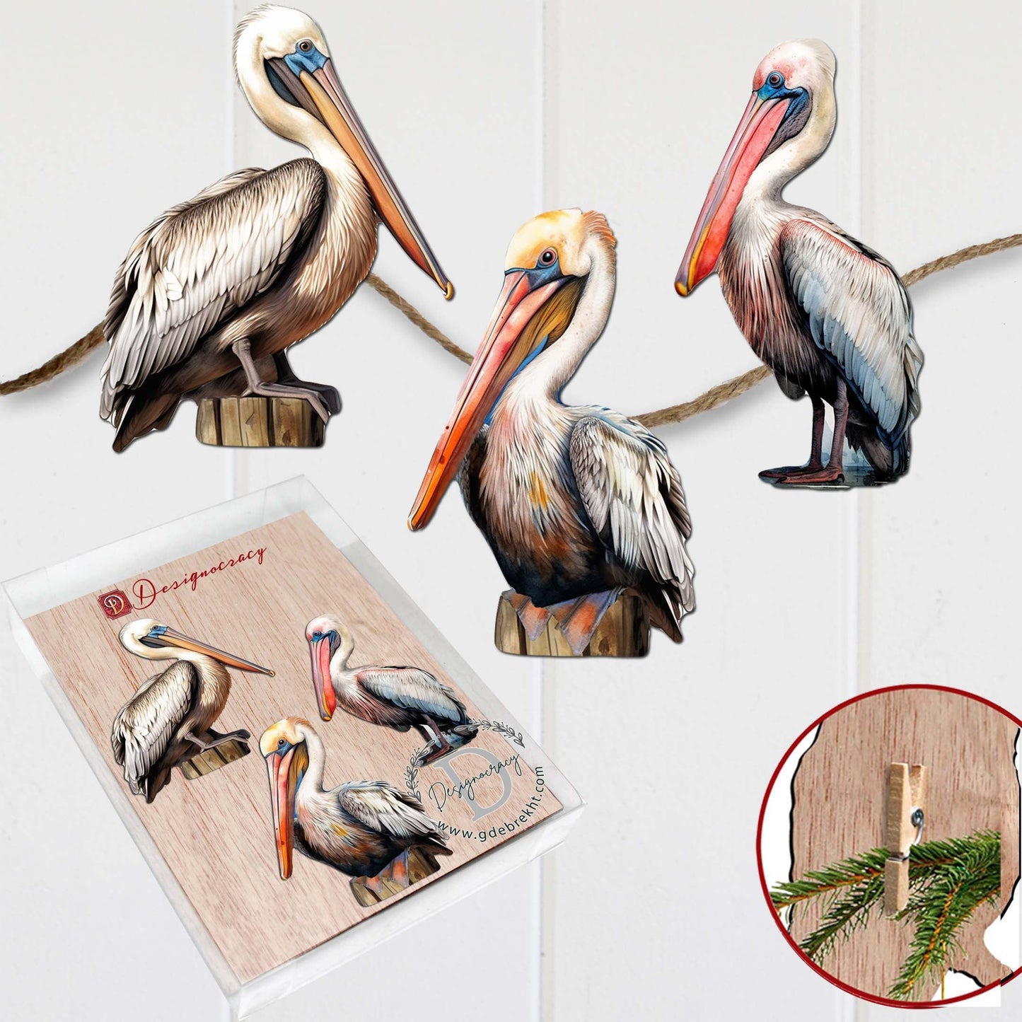 Pelicans Decorative Wooden Clip-on Ornaments Set of 3 by G. Debrekht - Christmas Decor - 8091014C-S3