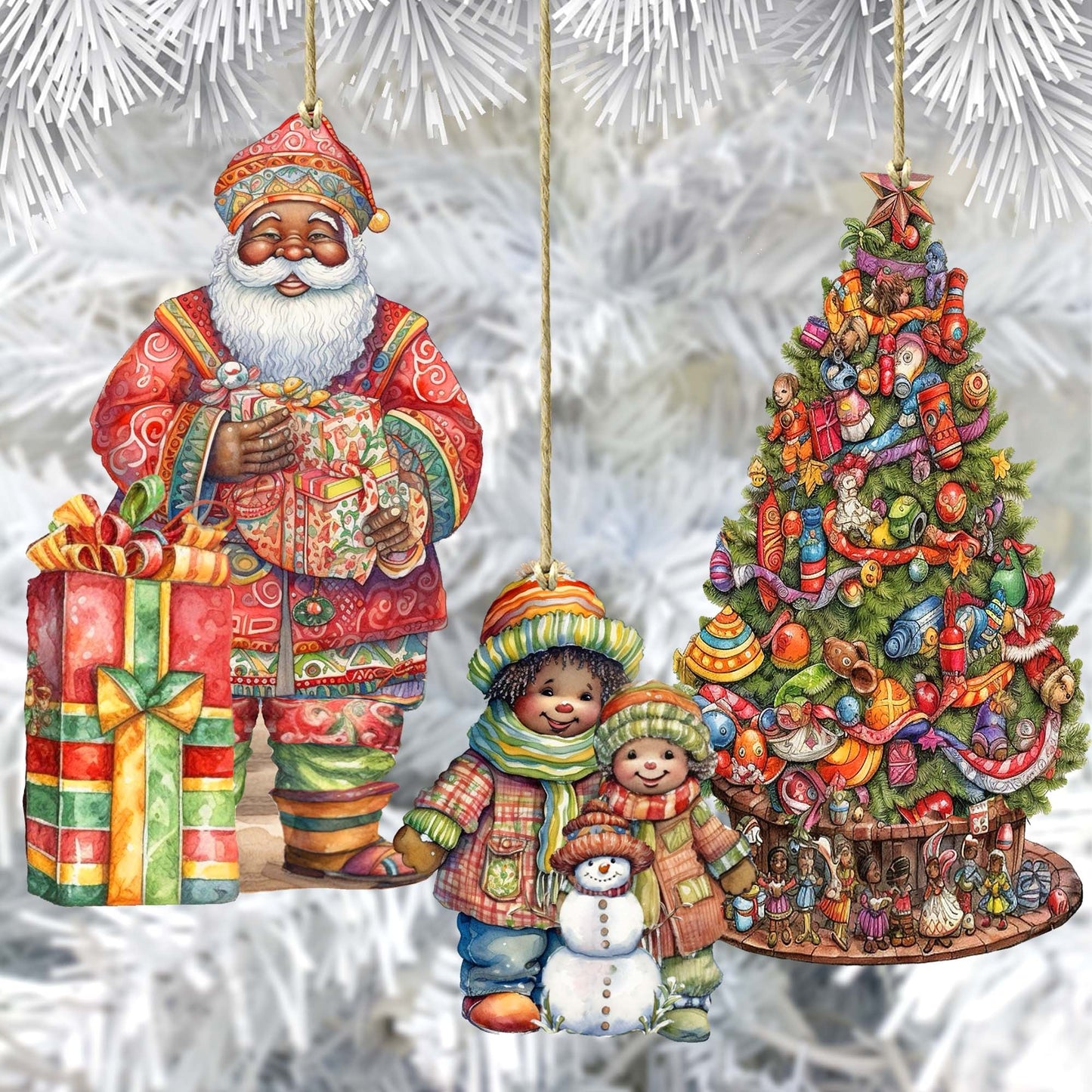 Santas Around the World - African-American Inspired Santa - Wooden Ornaments Set of 3 by G. DeBrekht Christmas Santa Snowman Decor - 8091310S3