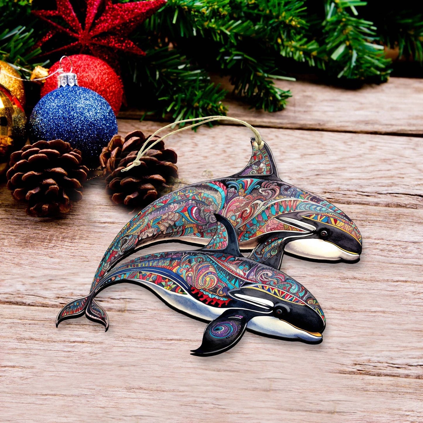 Alaskan Mysterious Orcas Wooden Ornaments by G.Debrekht - Wildlife Holiday Decor - 8710107-1