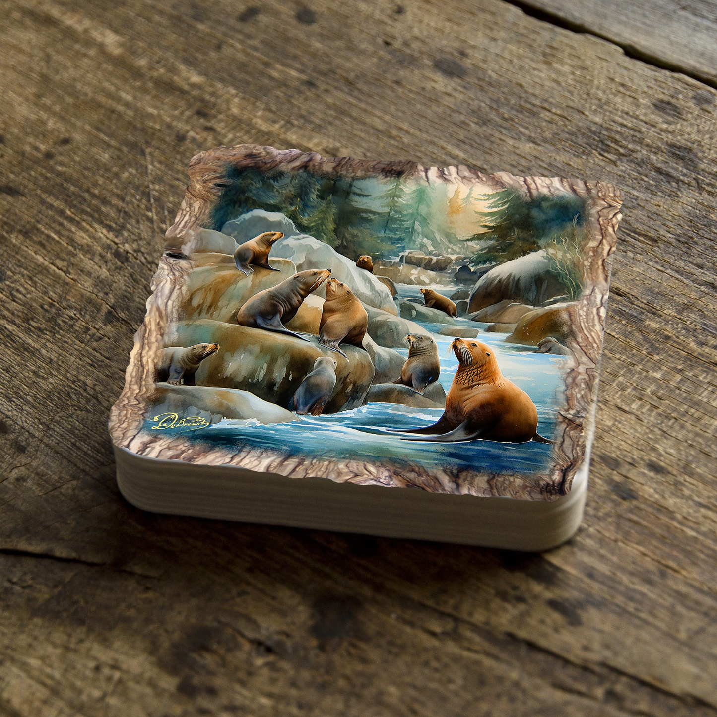 Charming Sea Lions Wooden Cork Coasters Gift Set of 4 by Nature Wonders Coastal Wildlife Decor  - 95387C-S4