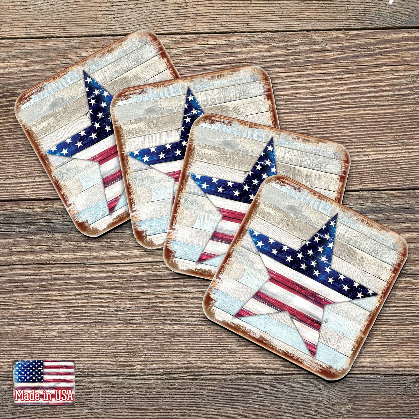 American Star Wooden Cork Coasters Gift Set of 4 by Nature Wonders - American Patriotic Decor - 8198917C-S4