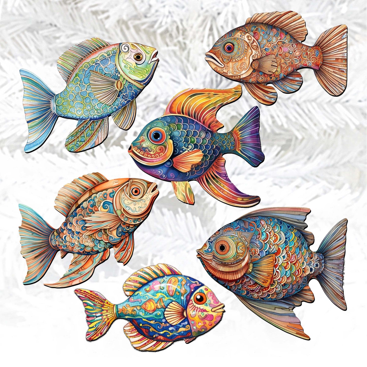 Coastal Fish Decorative Wooden Clip-on Ornaments Set of 6 by G. Debrekht - Coastal Decor - 8090034C-S6