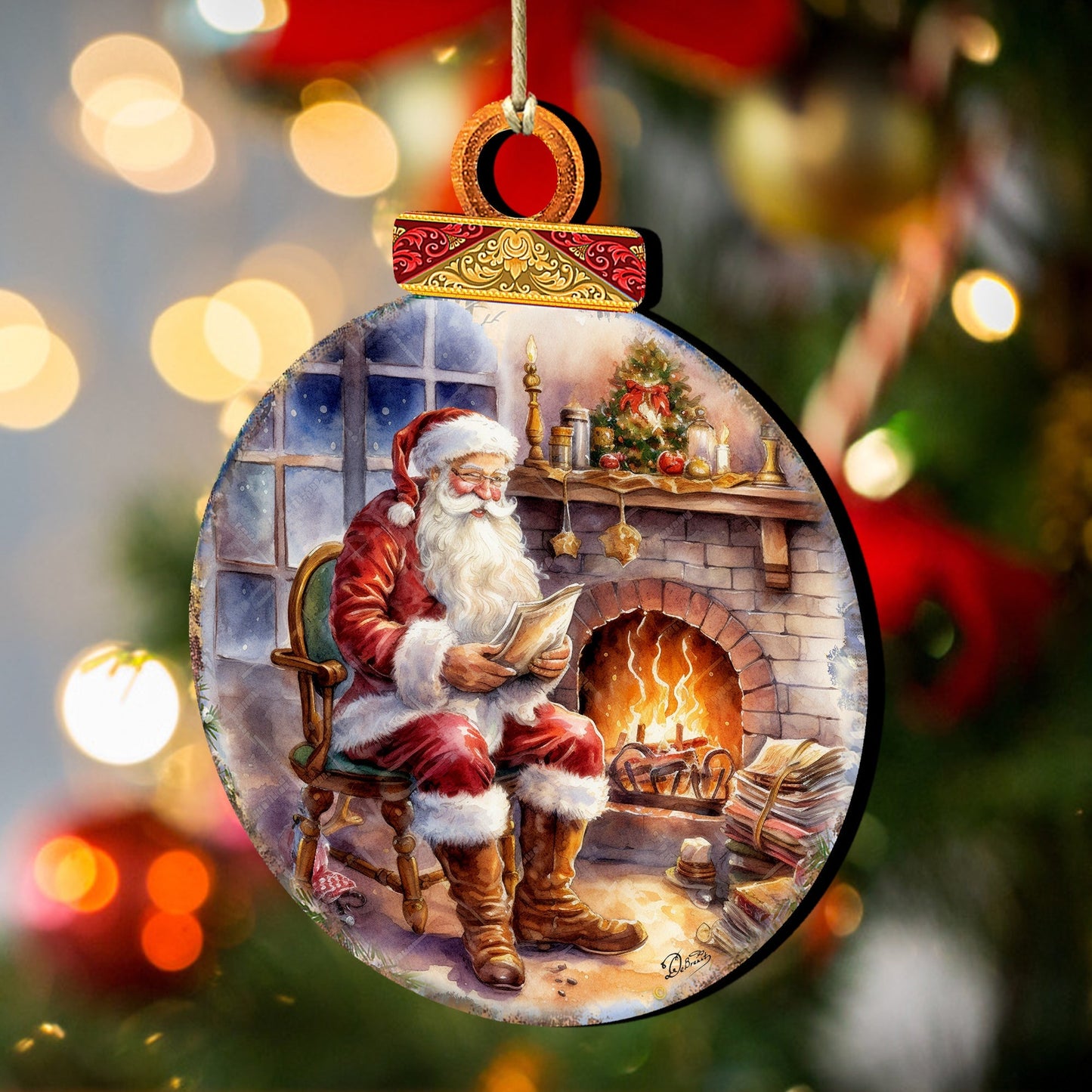 Santa at the Fireplace Wreath Wooden Ornaments by G. Debrekht Christmas Santa Snowman Decor - 8611089-2