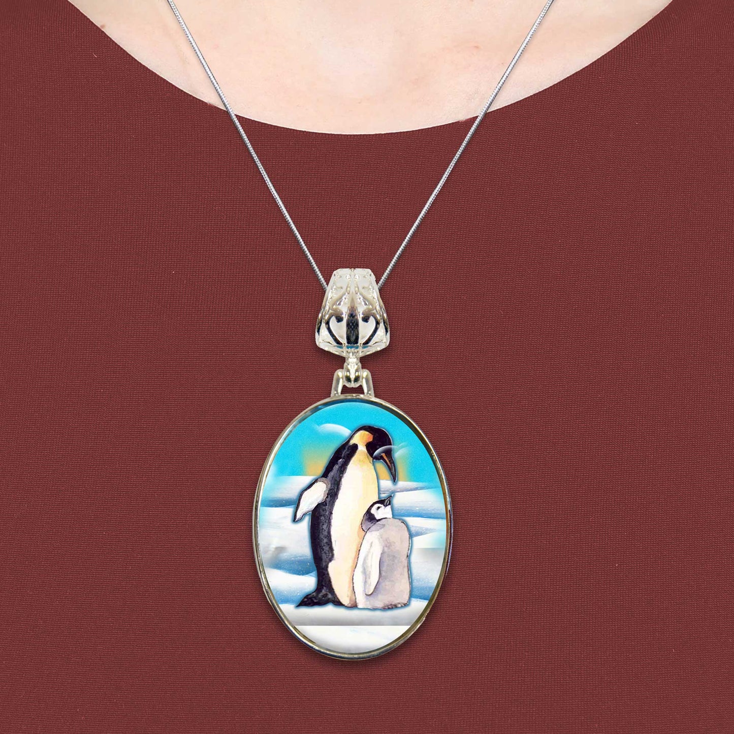 Love Coup[e Penguins Silver Plated Mother of Pearl Jewelry Pendant Necklace - 44033-2