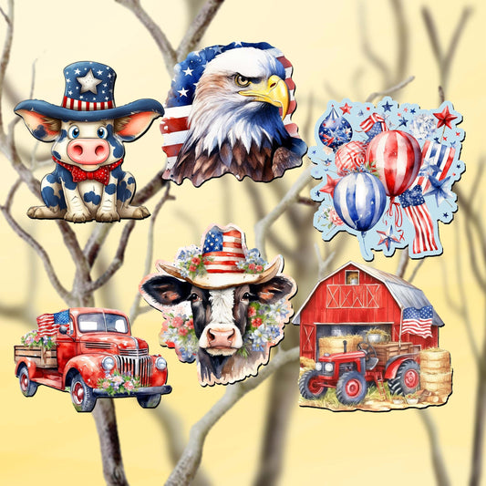 American flag Decorative Wooden Clip-on Ornaments of 6 by G. Debrekht - Patriotic Decor - 8090002C-S6