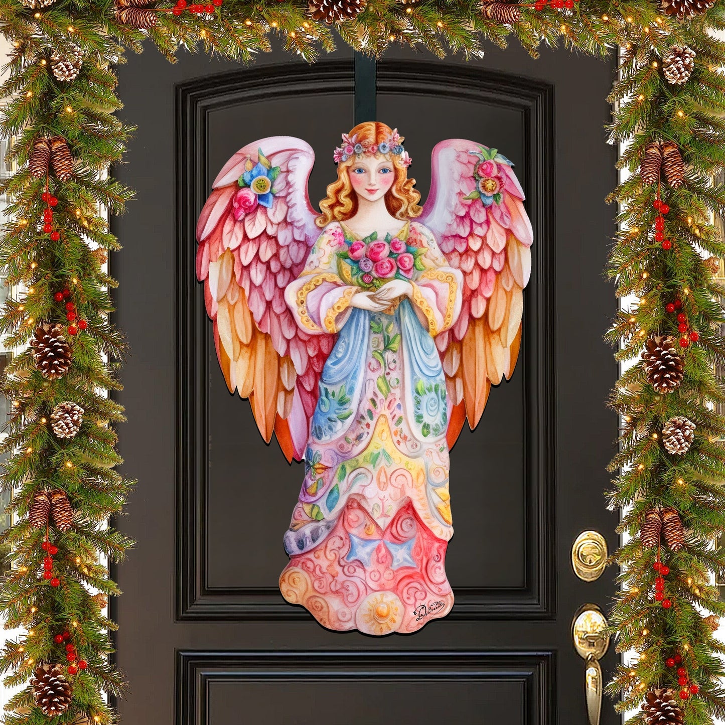 Pink Floral Angel Holiday Door Decor  by G. Debrekht - Christmas Decor - 8611023H
