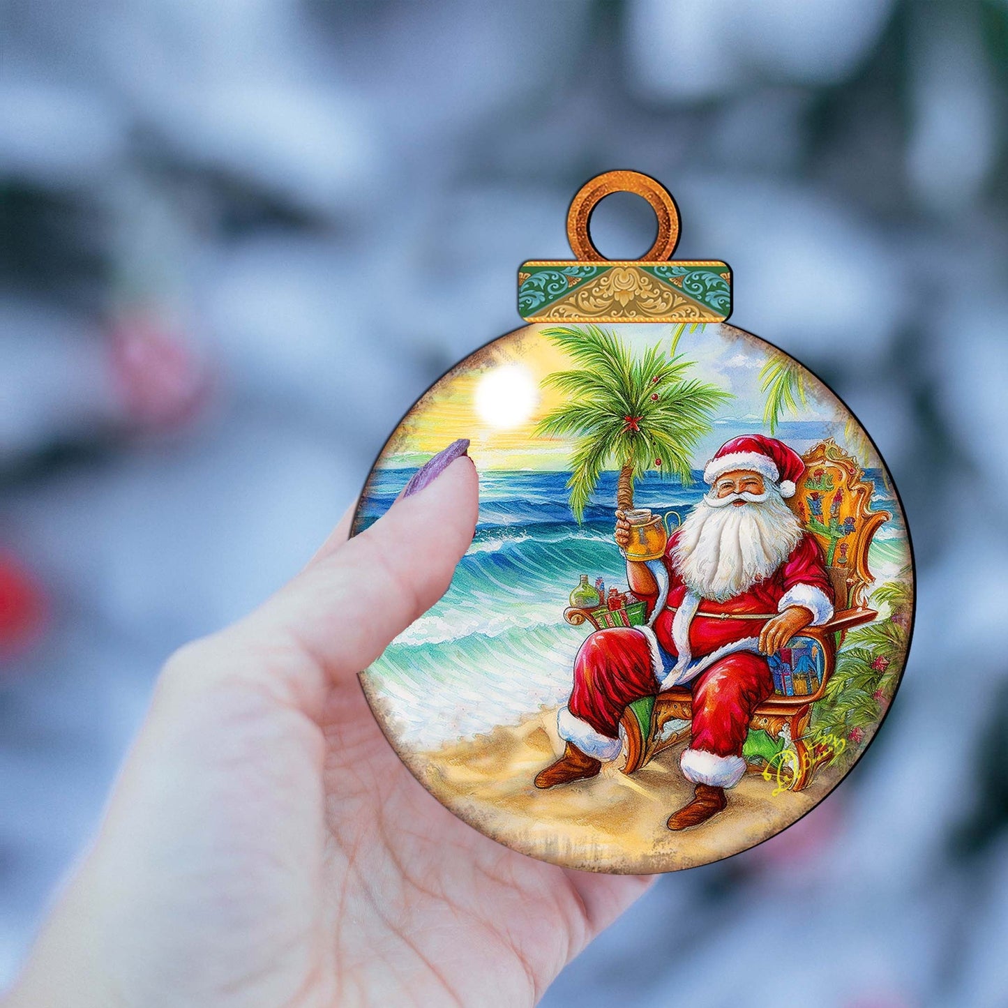 Coastal Christmas Decor - Sunset with Santa Wooden Ornaments by G. Debrekht Coastal Holiday Decor - 8688183