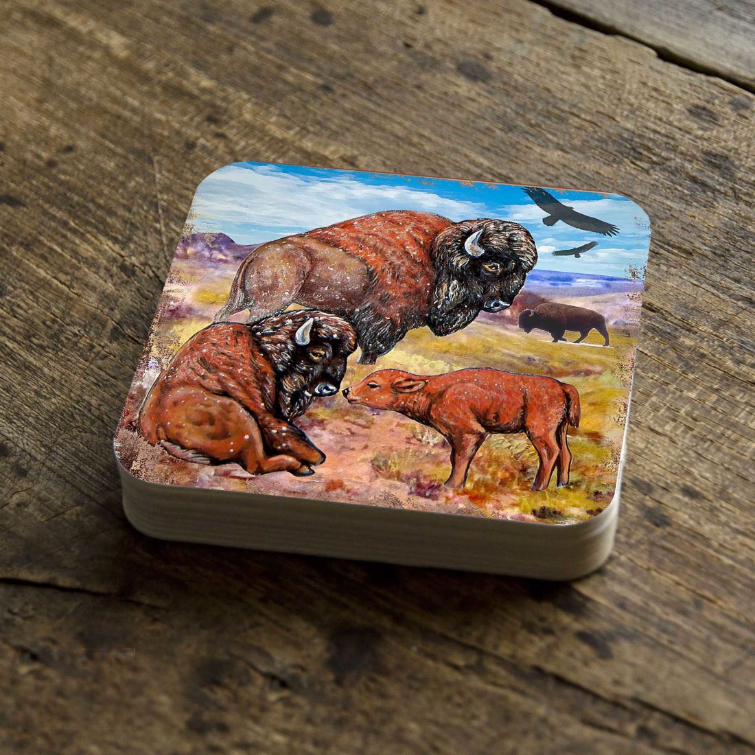 Buffalos Wooden Cork Coasters Gift Set of 4 by Nature Wonders - Nature Wildlife Decor  - 95217C-S4