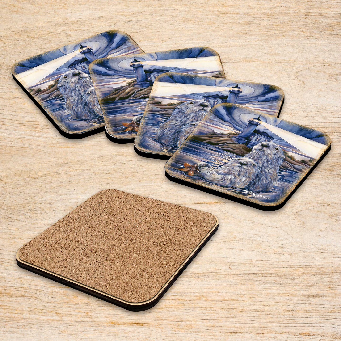 Starlight Otters Wooden Cork Coasters Gift Set of 4 by J. Bergsma - Wildlife Decor  - 8199473C-S4
