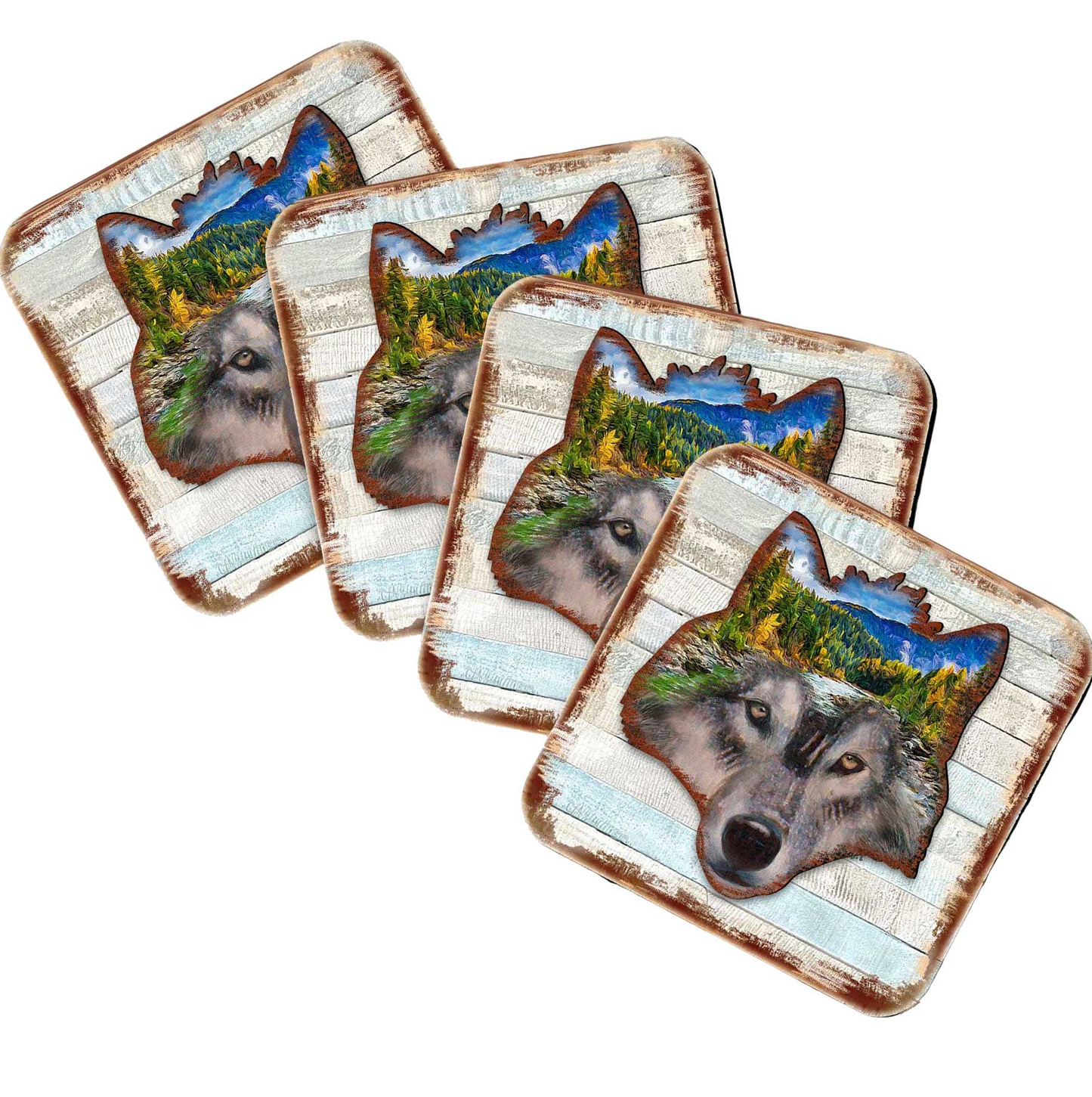 Wolf Face Wooden Cork Coasters Gift Set of 4 by Nature Wonders - Nature Wildlife Decor  - 8198227-4-9C-S4