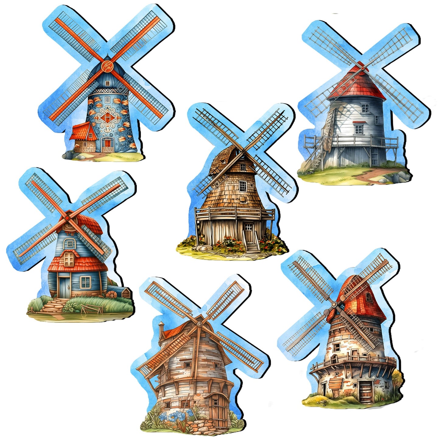 Windmills Decorative Wooden Magnets Set of 6 by G. Debrekht - Love Family Decor - 8090074G-S6