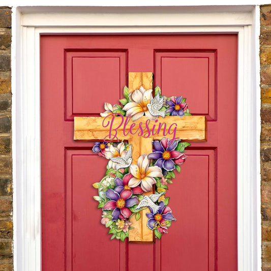 Floral Dove Blessing Cross Holiday Door Decor by G. Debrekht - Easter Spring Decor - 8688163H